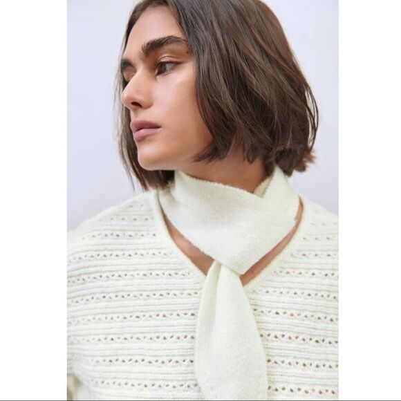 Zara NWT Bow Collar Knit Sweater White Cream Chunky Size S - Picture 9 of 15